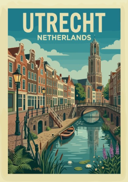 Utrecht canal travel poster with Dutch houses and Dom Tower, vintage style, muted colors.