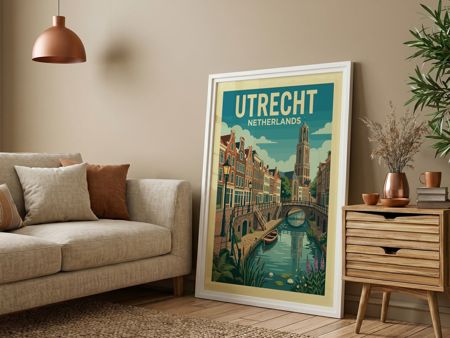Utrecht canal travel poster with Dutch houses and Dom Tower, vintage style, muted colors.