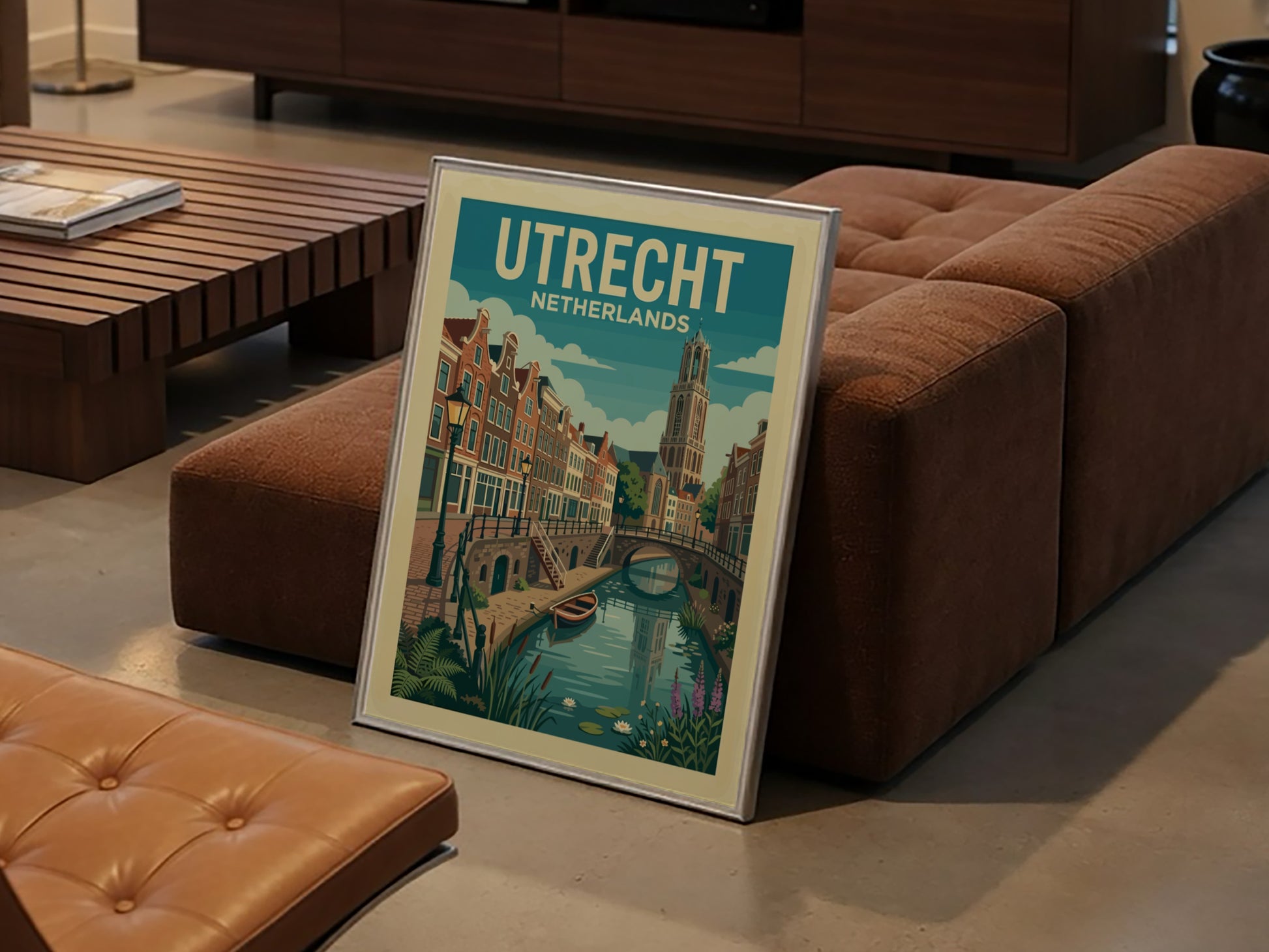 Utrecht canal travel poster with Dutch houses and Dom Tower, vintage style, muted colors.