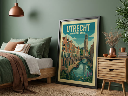 Utrecht canal travel poster with Dutch houses and Dom Tower, vintage style, muted colors.