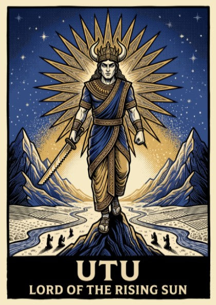 Poster featuring the Mesopotamian god Utu holding a serrated sword against golden sunbeams