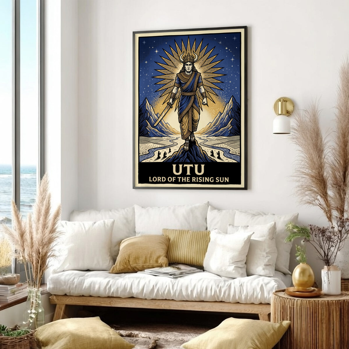 Poster featuring the Mesopotamian god Utu holding a serrated sword against golden sunbeams