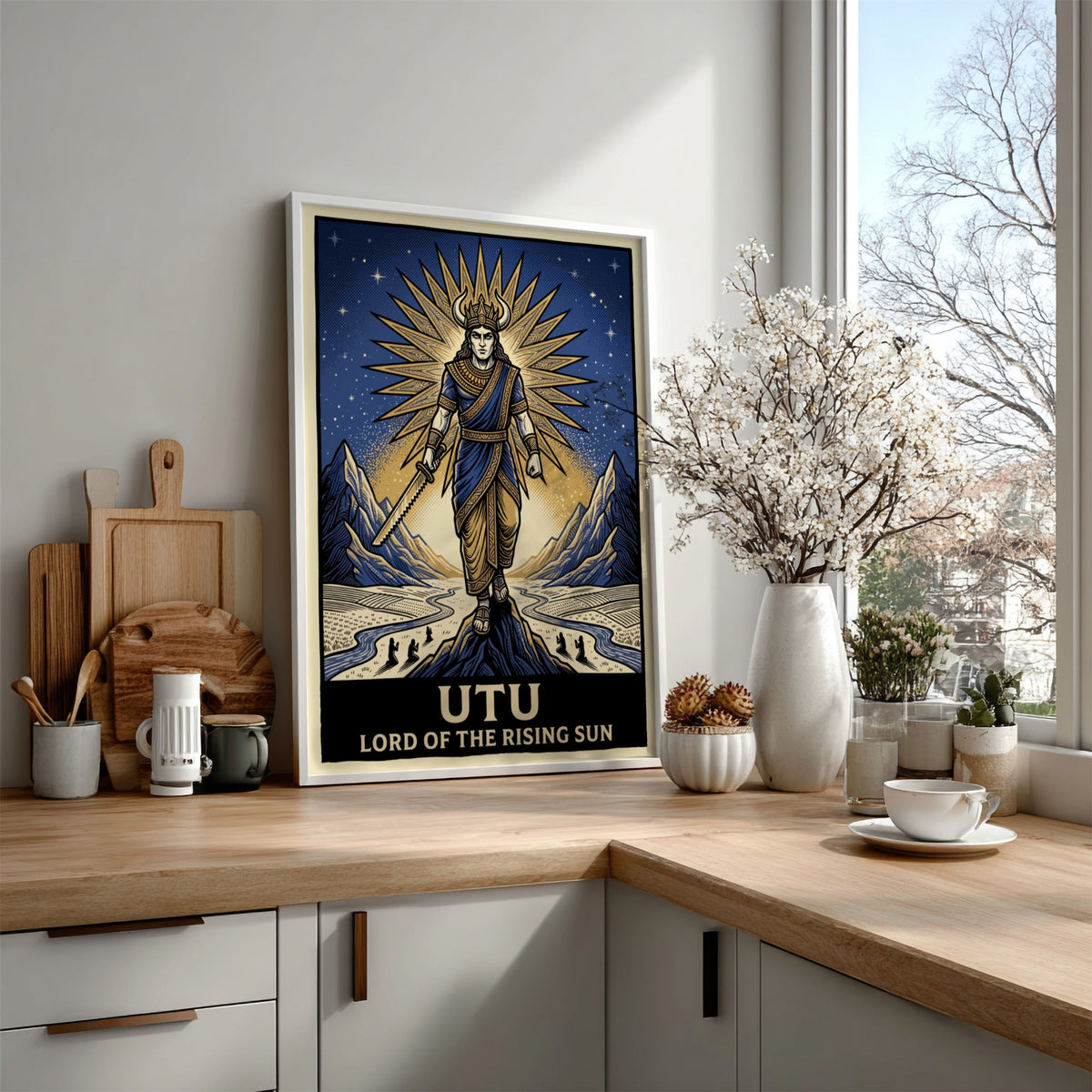 Poster featuring the Mesopotamian god Utu holding a serrated sword against golden sunbeams