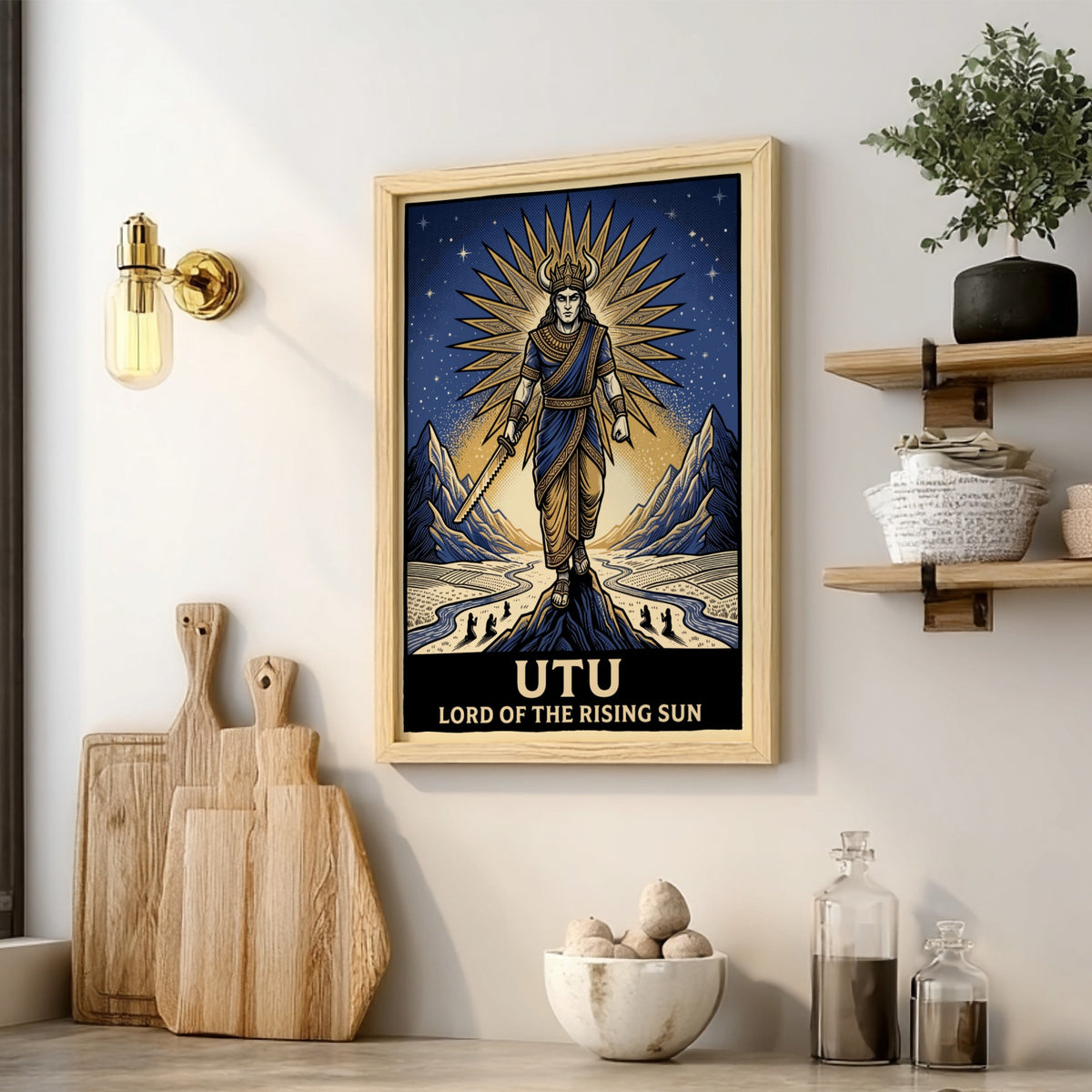 Poster featuring the Mesopotamian god Utu holding a serrated sword against golden sunbeams