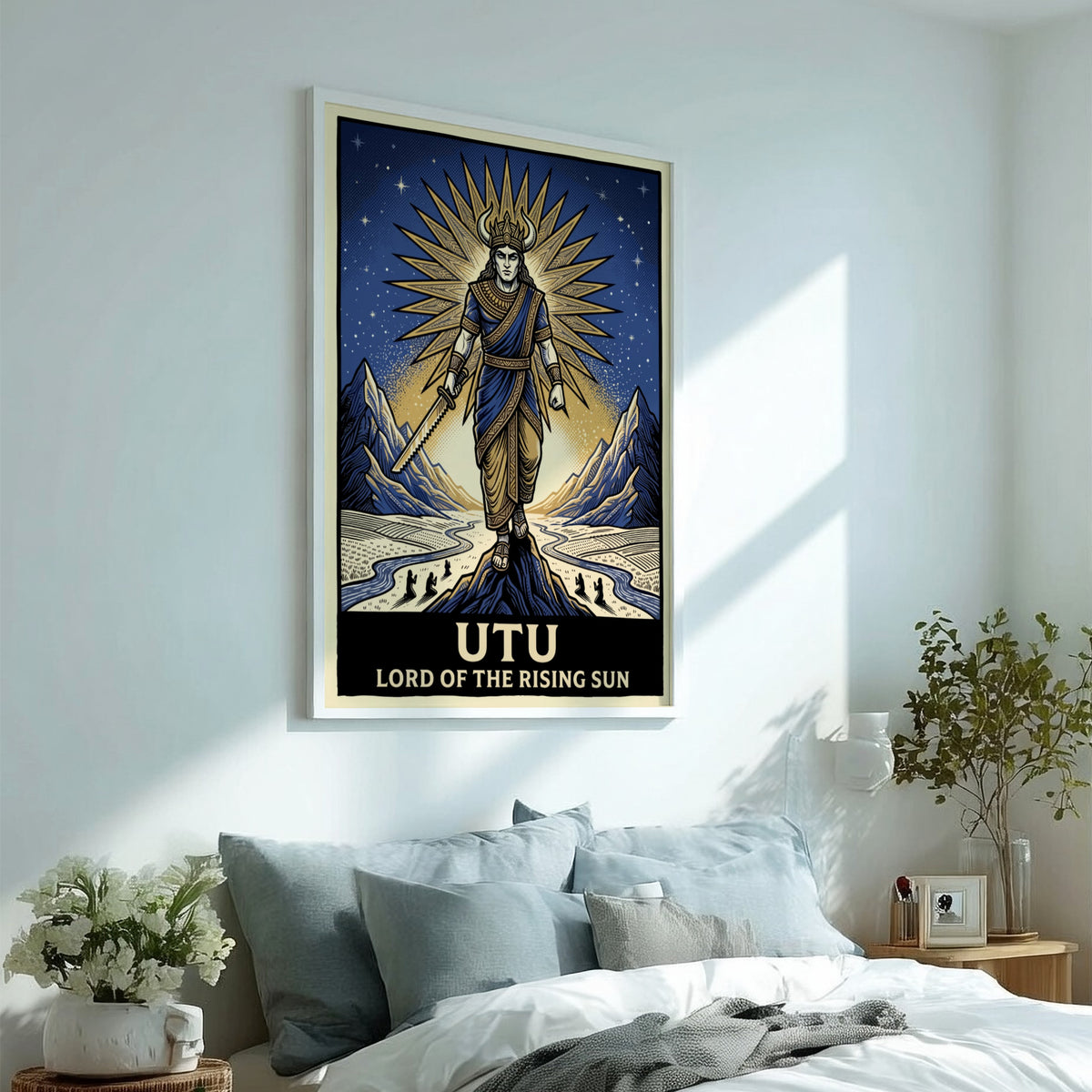 Poster featuring the Mesopotamian god Utu holding a serrated sword against golden sunbeams