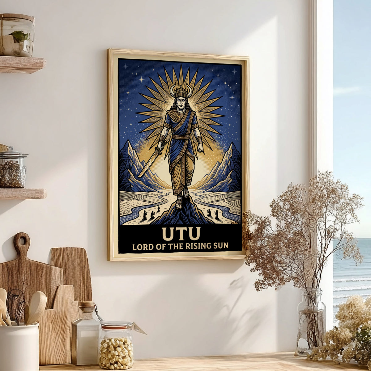 Poster featuring the Mesopotamian god Utu holding a serrated sword against golden sunbeams