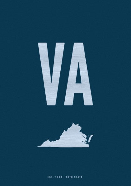 USA states poster featuring Virginia silhouette and 'VA' text on a blue background