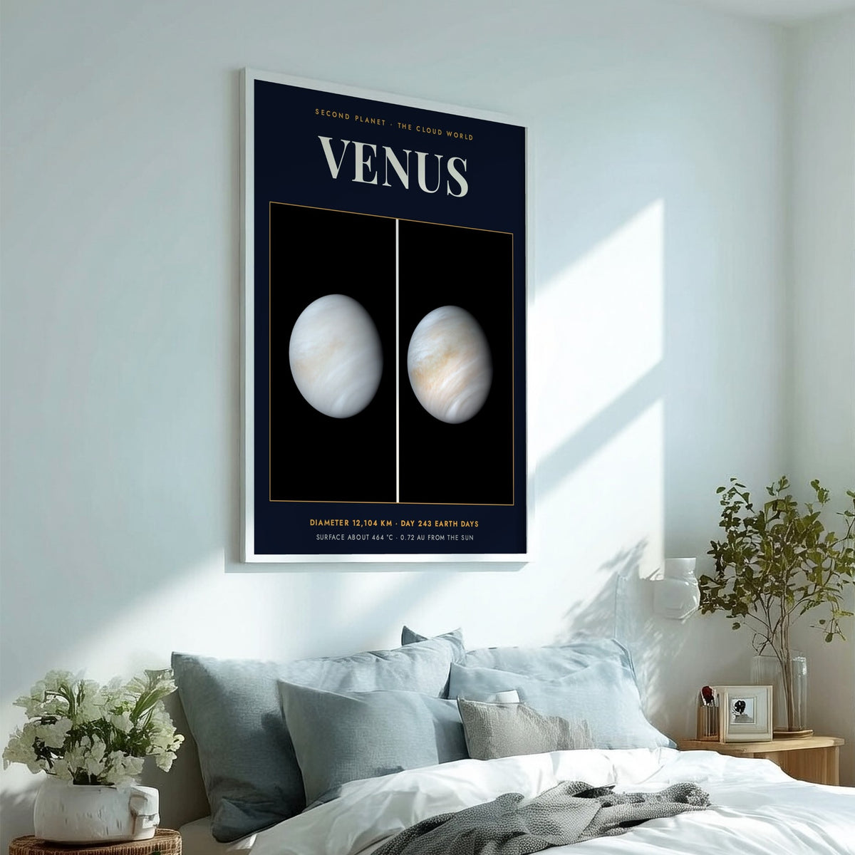 Poster of Venus showing the swirling cloud atmosphere against a dark space background with text.