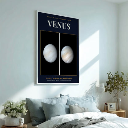 Poster of Venus showing the swirling cloud atmosphere against a dark space background with text.
