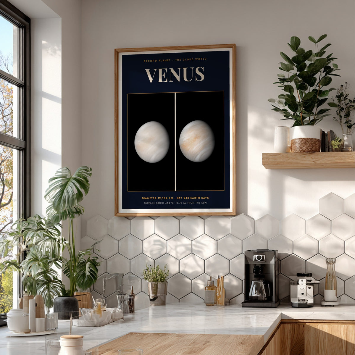 Poster of Venus showing the swirling cloud atmosphere against a dark space background with text.