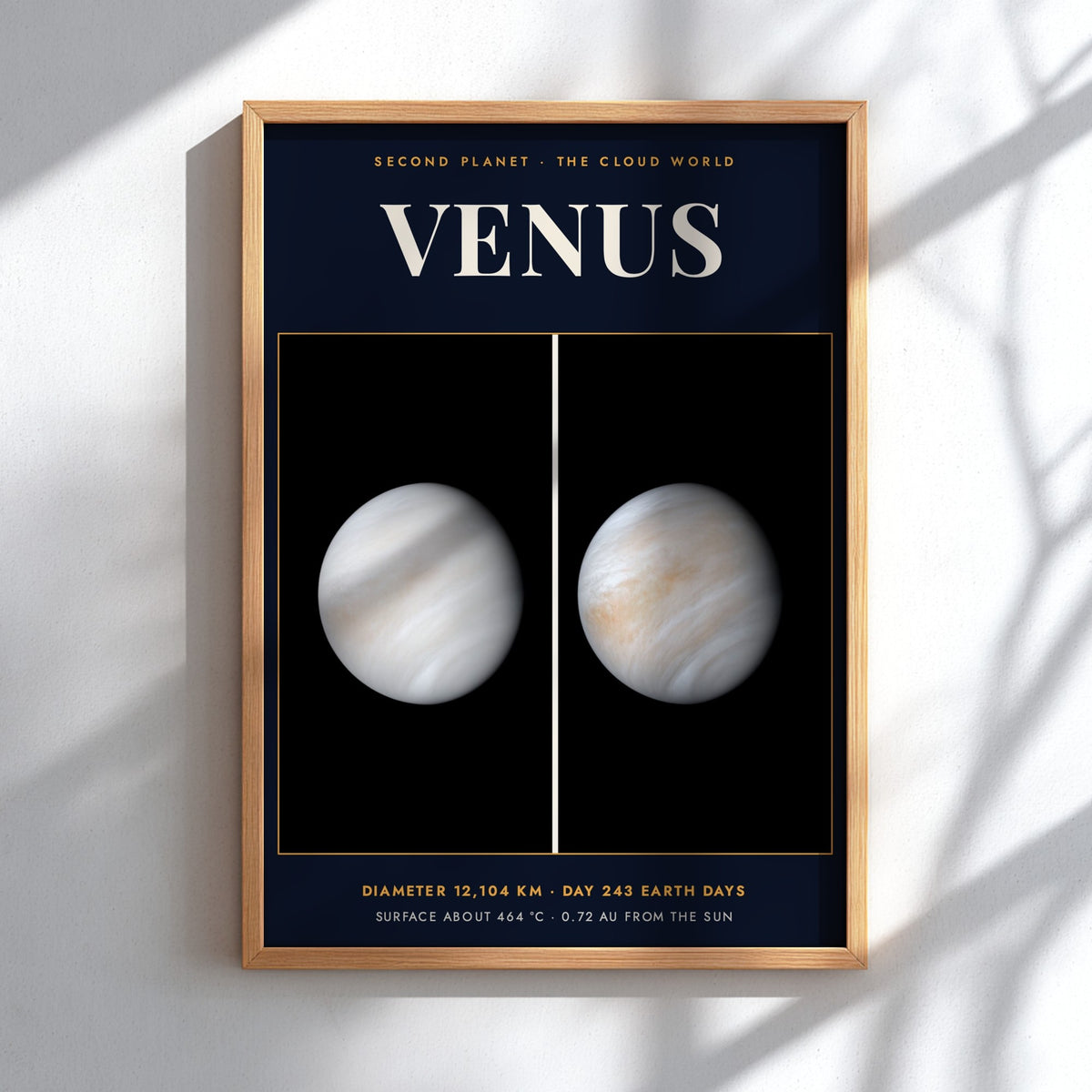 Poster of Venus showing the swirling cloud atmosphere against a dark space background with text.