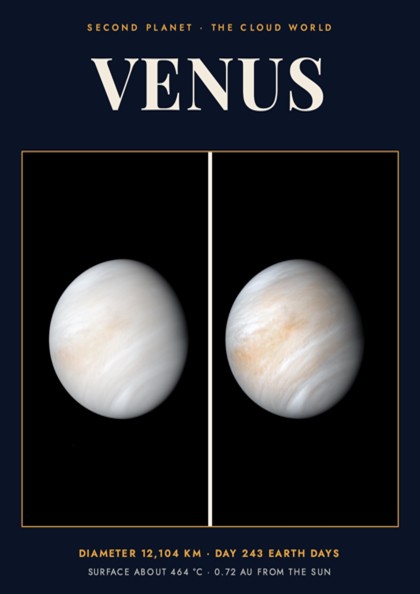 Poster of Venus showing the swirling cloud atmosphere against a dark space background with text.