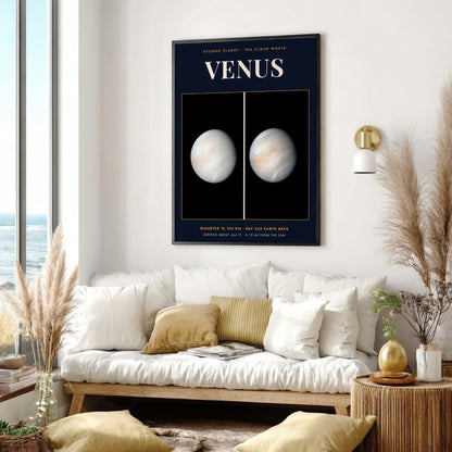 Poster of Venus showing the swirling cloud atmosphere against a dark space background with text.