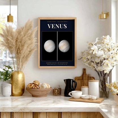 Poster of Venus showing the swirling cloud atmosphere against a dark space background with text.