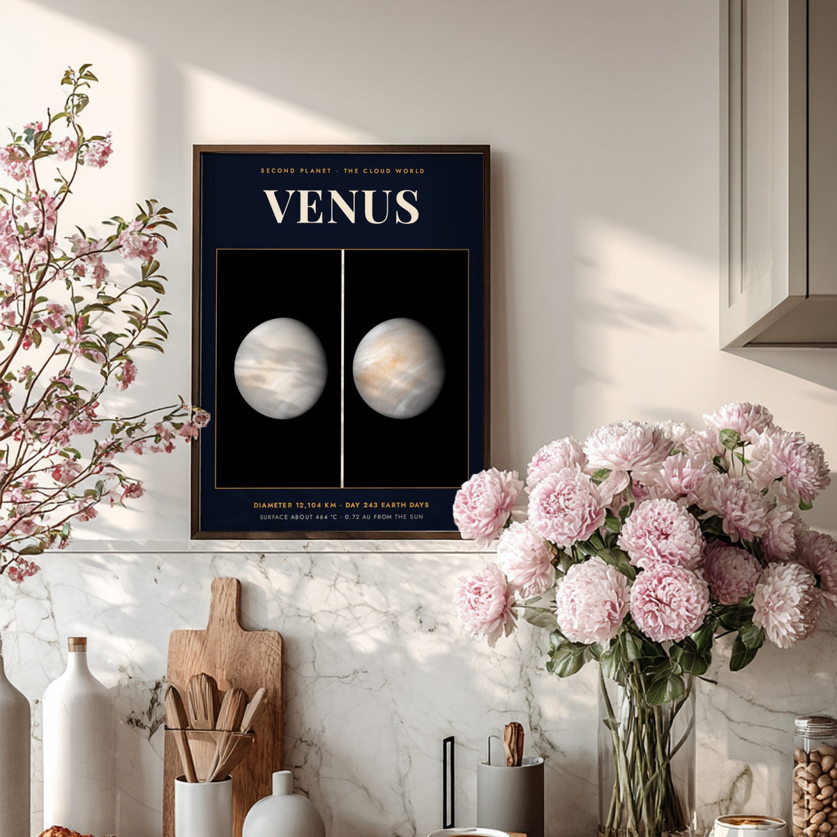 Poster of Venus showing the swirling cloud atmosphere against a dark space background with text.