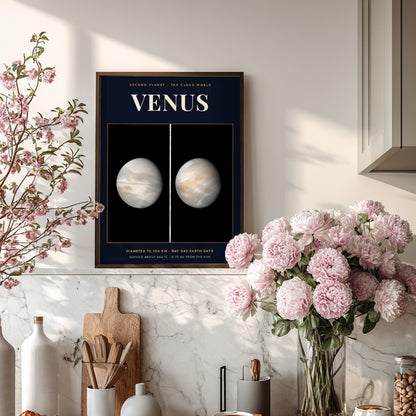 Poster of Venus showing the swirling cloud atmosphere against a dark space background with text.