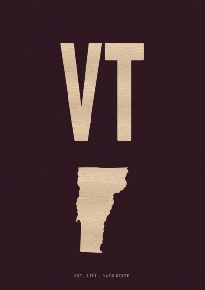 Vermont wall art poster featuring state initials and outline in burgundy