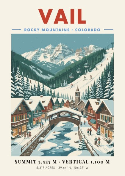 Vail ski resort poster featuring snow-covered mountains and cozy chalets in vintage style