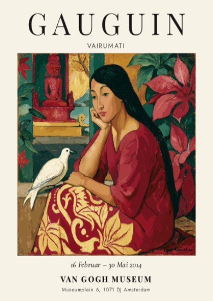 Gauguin exhibition poster featuring Vairumati with warm colors and serene figure, perfect for art decor.