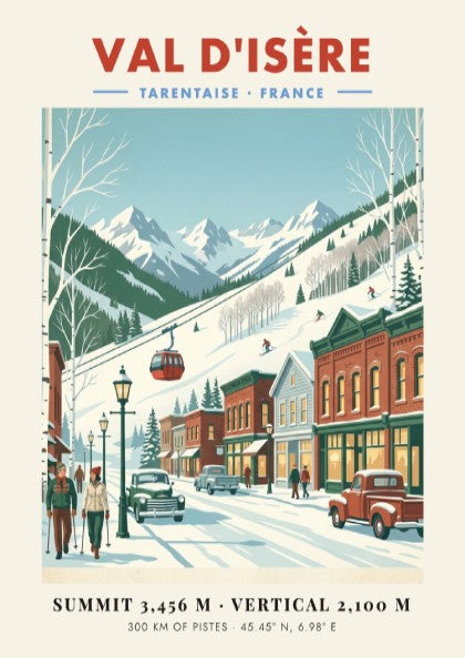 Val d'Isère ski resort poster featuring vintage style, snowy mountains, and a charming village scene