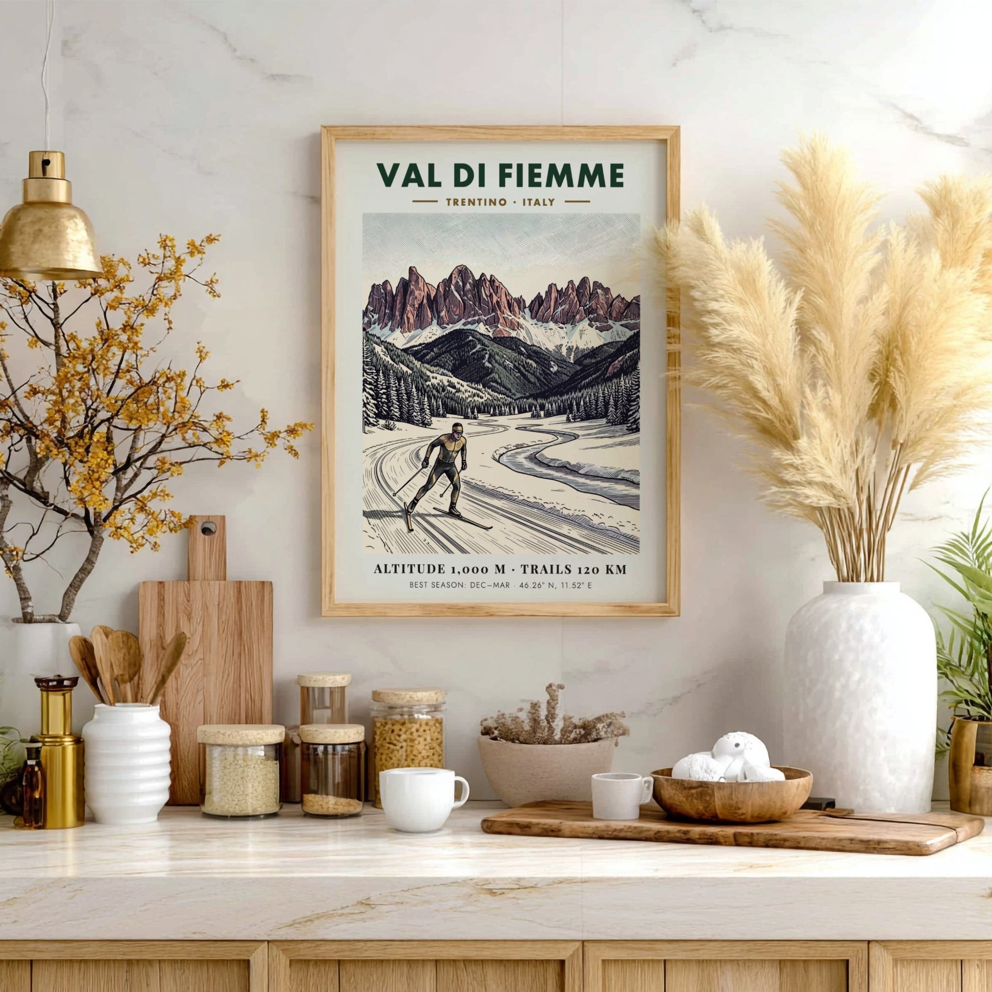 Poster of a cross-country skier in the Val Di Fiemme with snowy mountains.