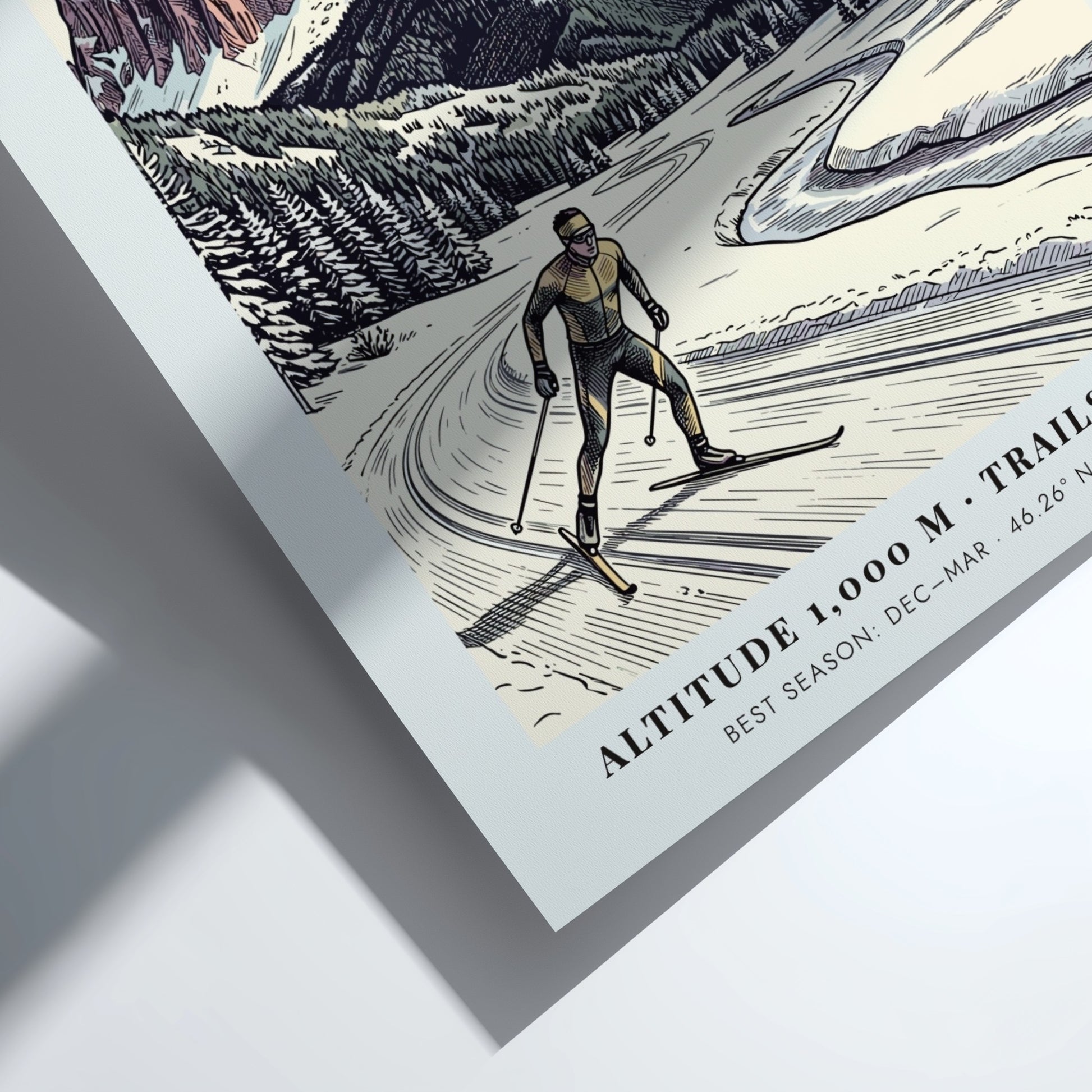 Poster of a cross-country skier in the Val Di Fiemme with snowy mountains.