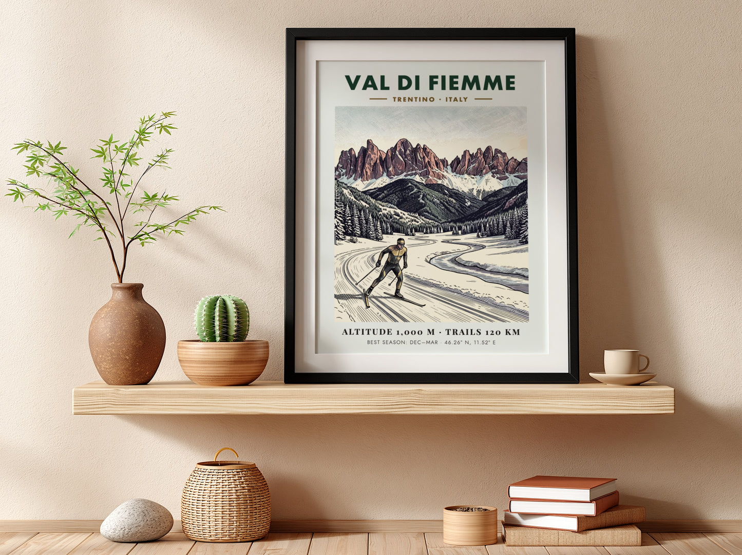 Poster of a cross-country skier in the Val Di Fiemme with snowy mountains.