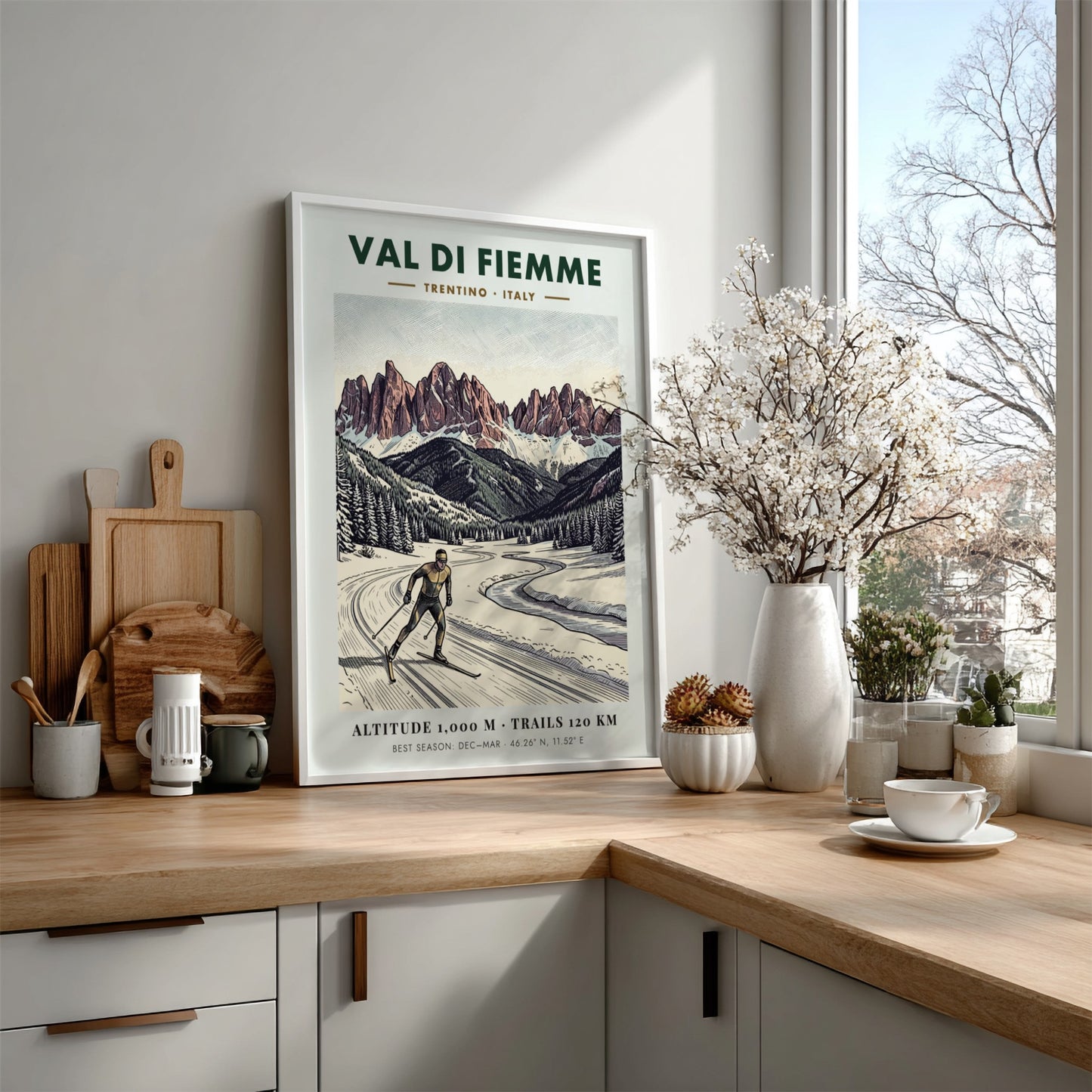 Poster of a cross-country skier in the Val Di Fiemme with snowy mountains.