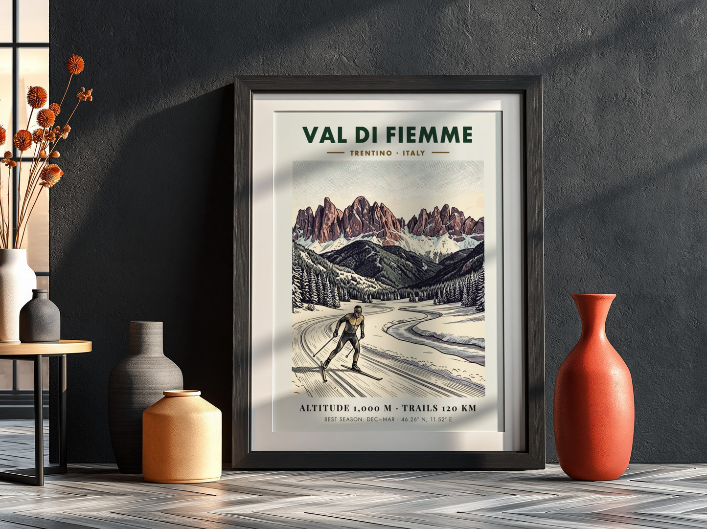 Poster of a cross-country skier in the Val Di Fiemme with snowy mountains.