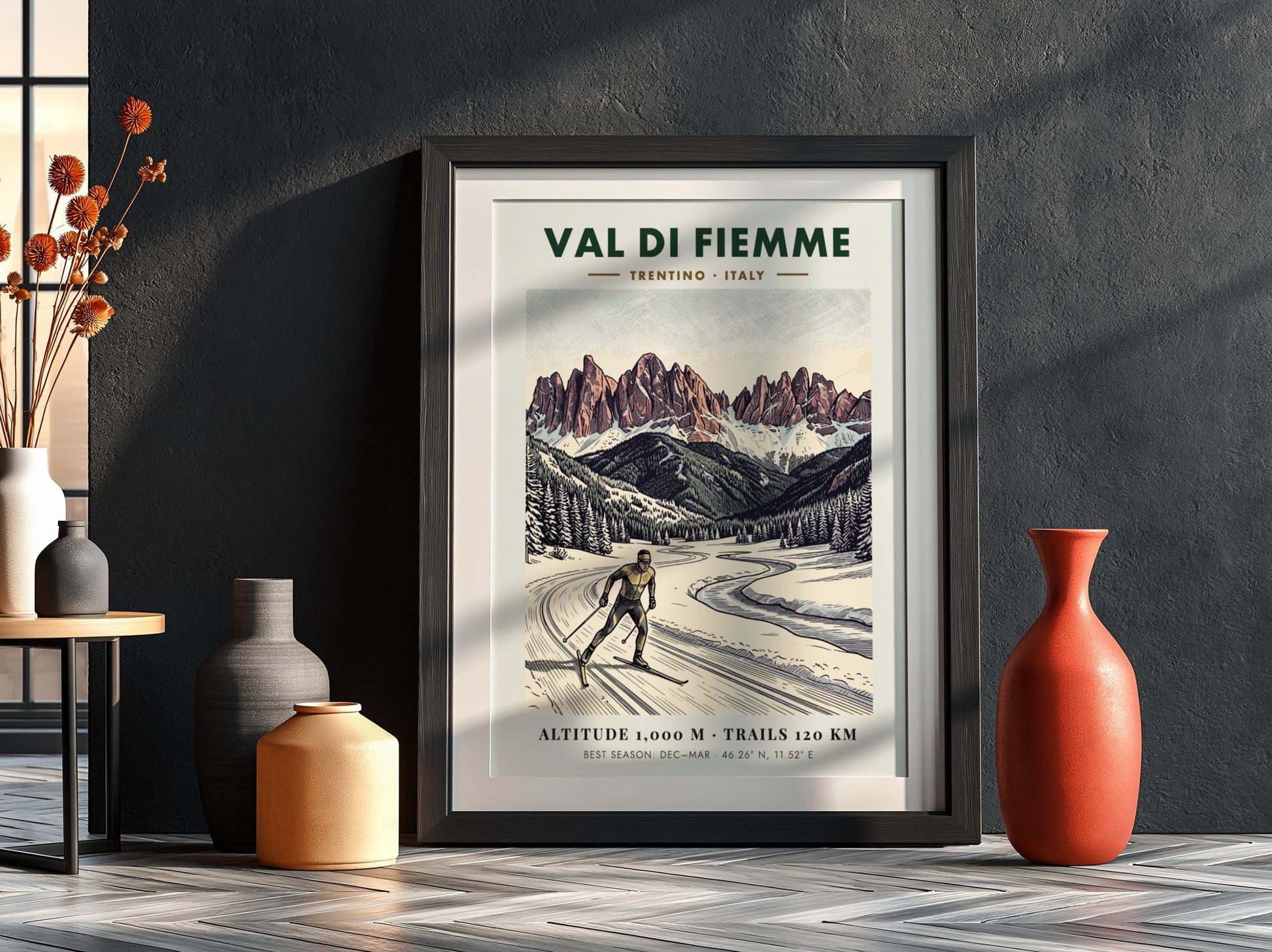 Poster of a cross-country skier in the Val Di Fiemme with snowy mountains.