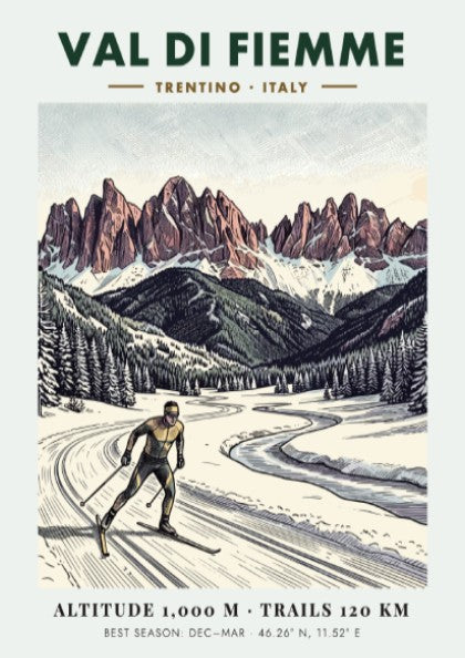 Poster of a cross-country skier in the Val Di Fiemme with snowy mountains.