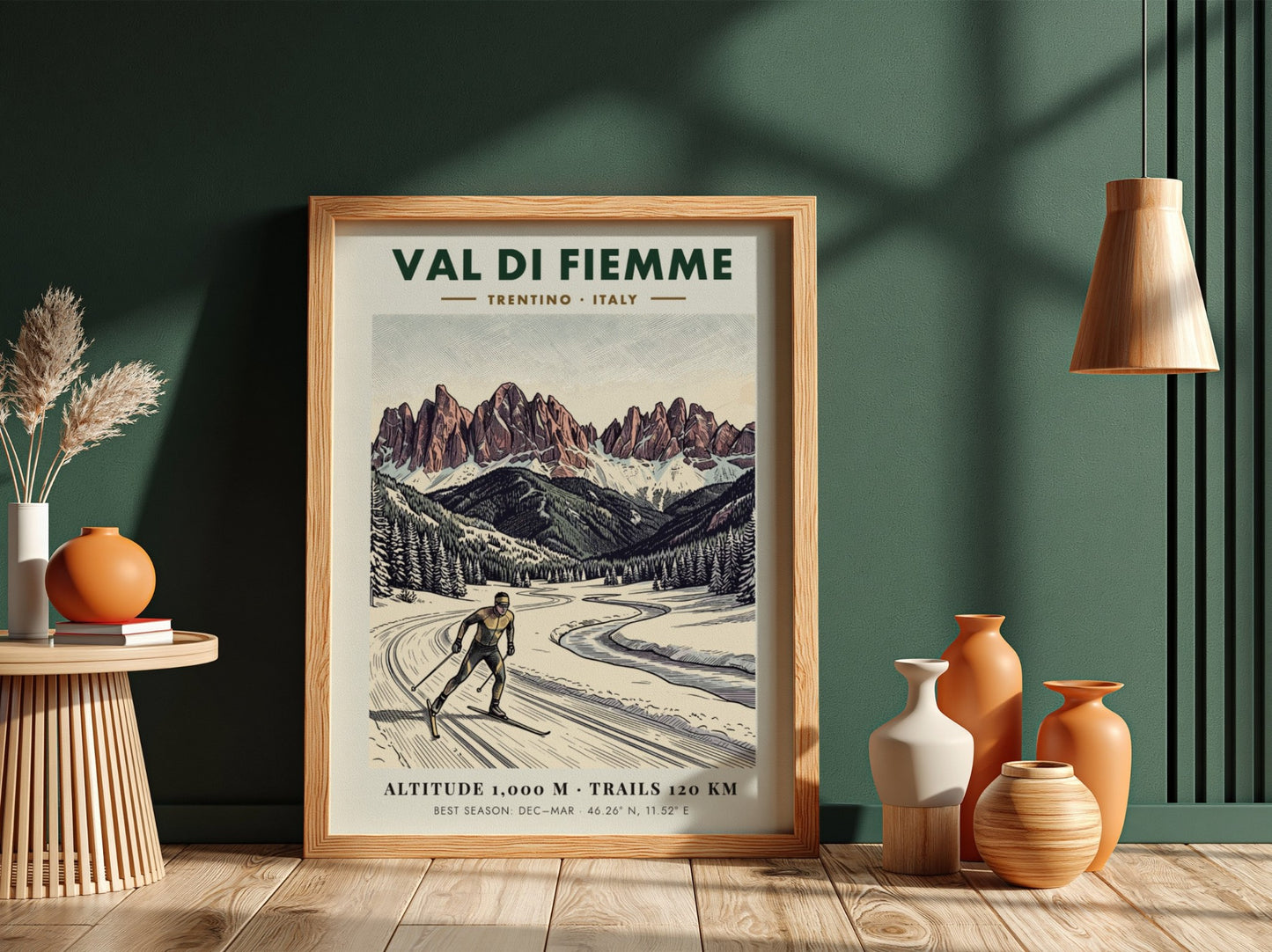 Poster of a cross-country skier in the Val Di Fiemme with snowy mountains.