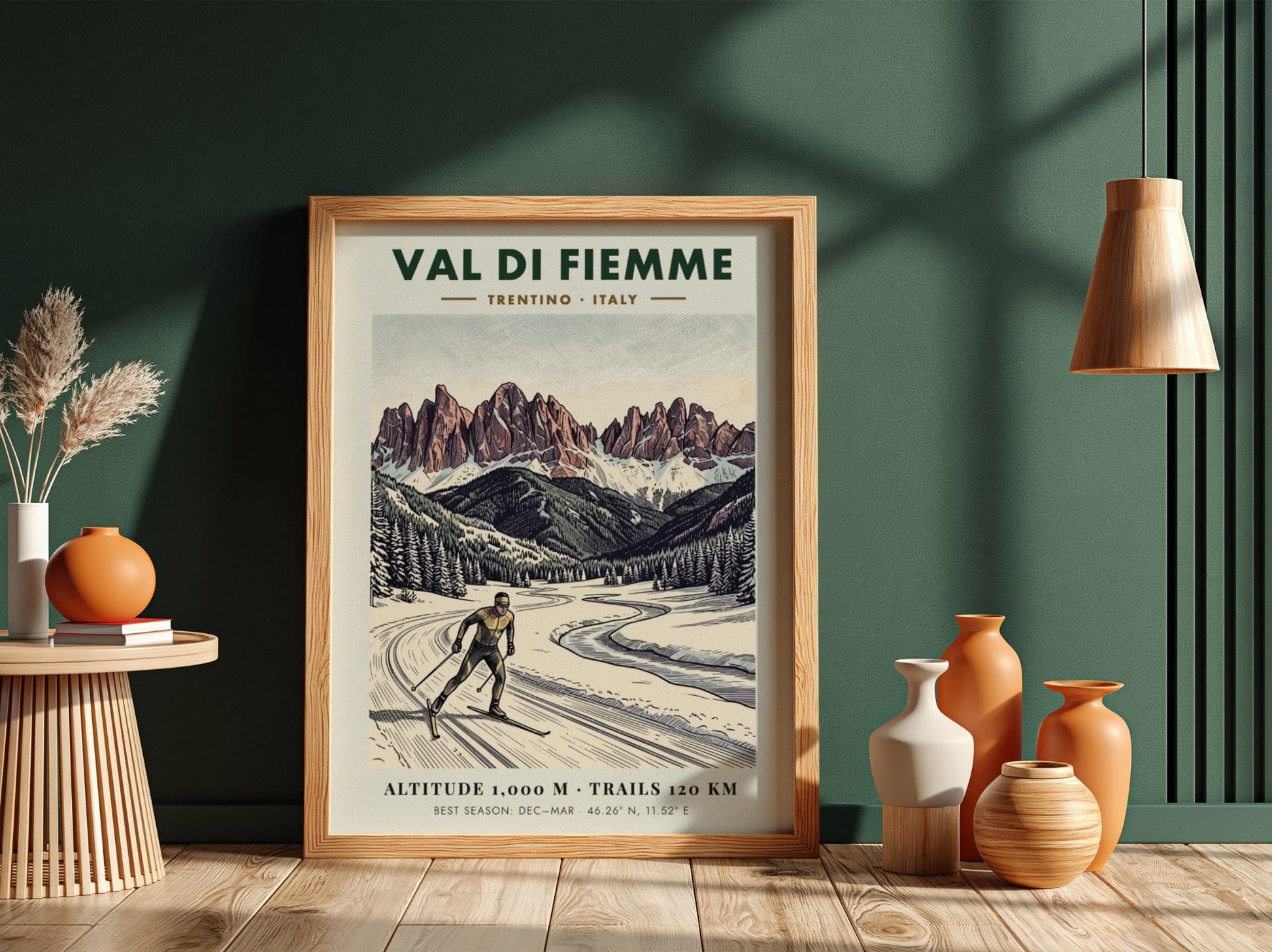 Poster of a cross-country skier in the Val Di Fiemme with snowy mountains.