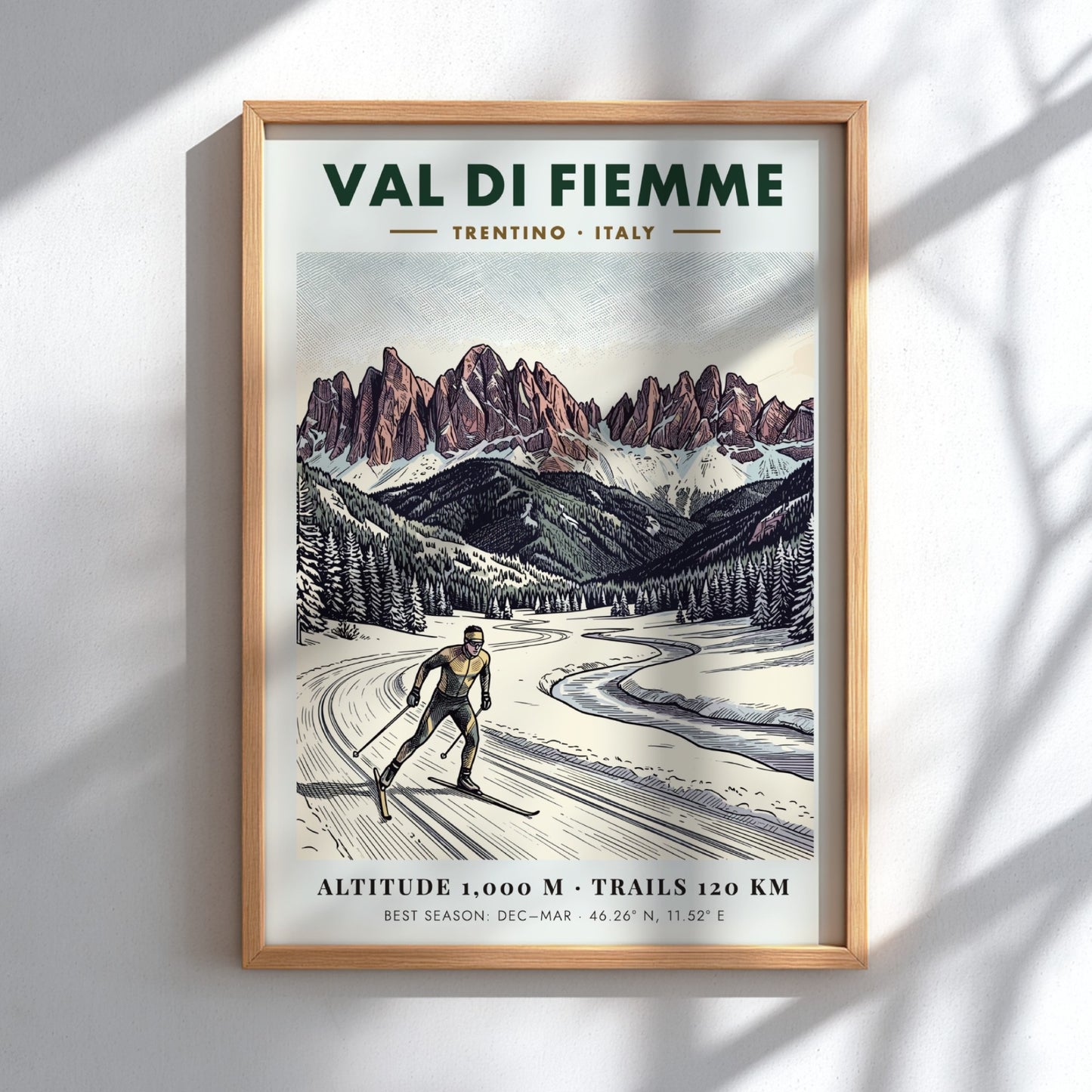 Poster of a cross-country skier in the Val Di Fiemme with snowy mountains.