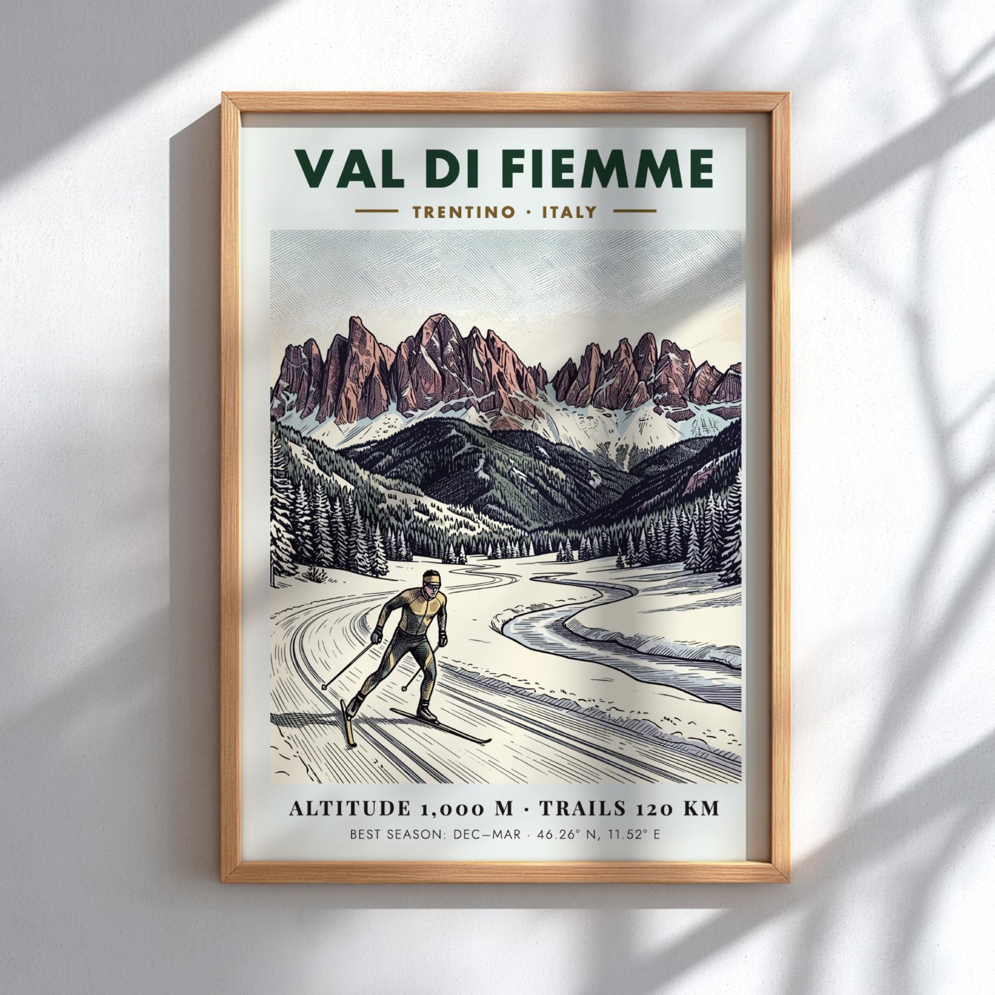 Poster of a cross-country skier in the Val Di Fiemme with snowy mountains.