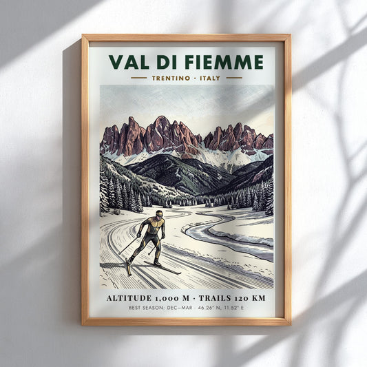 Poster of a cross-country skier in the Val Di Fiemme with snowy mountains.