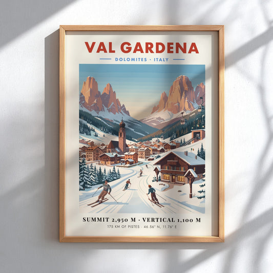 Val Gardena ski resort poster featuring skiers in a vintage style with warm colors and snow-covered mountains.
