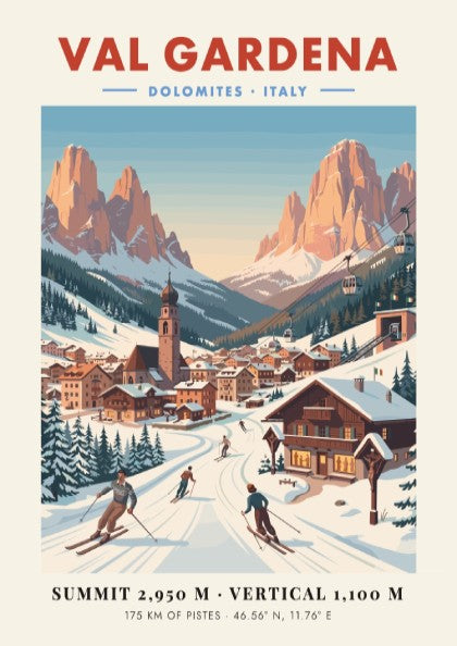 Val Gardena ski resort poster featuring skiers in a vintage style with warm colors and snow-covered mountains.