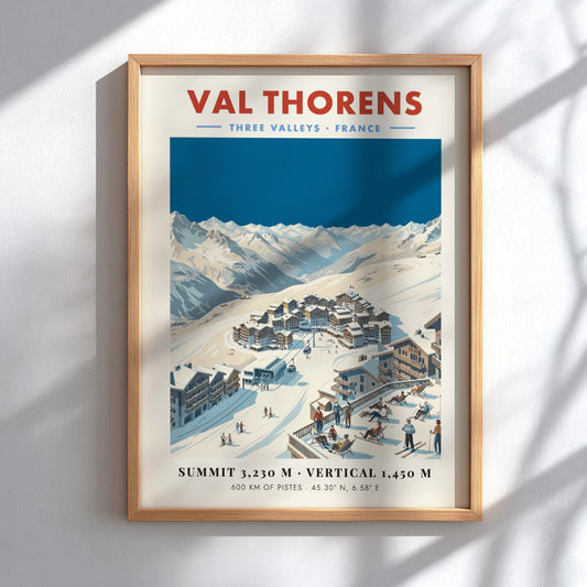 Val Thorens ski resort poster featuring vintage style, snow-capped mountains, and charming architecture in