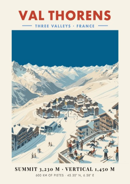 Val Thorens ski resort poster featuring vintage style, snow-capped mountains, and charming architecture in