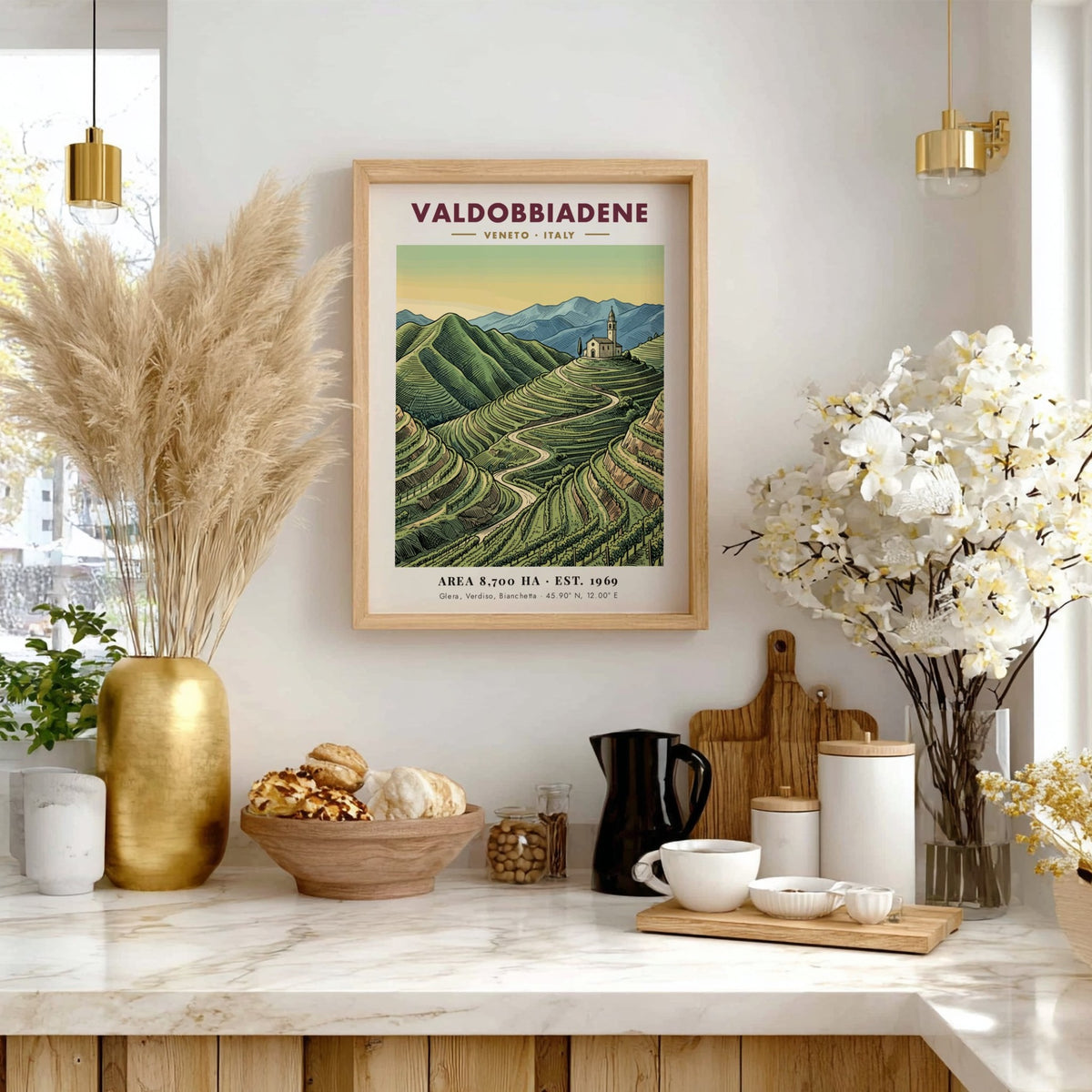 Poster of Valdobbiadene, Italy showing terraced vineyards and a hilltop church in soft colours.