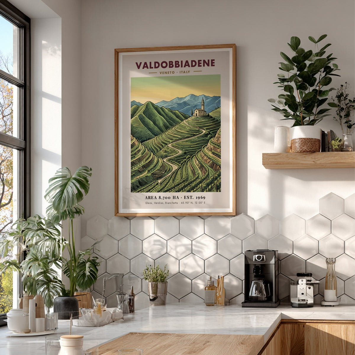Poster of Valdobbiadene, Italy showing terraced vineyards and a hilltop church in soft colours.