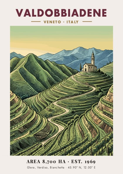 Poster of Valdobbiadene, Italy showing terraced vineyards and a hilltop church in soft colours.