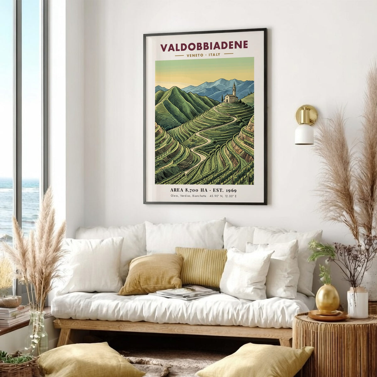 Poster of Valdobbiadene, Italy showing terraced vineyards and a hilltop church in soft colours.