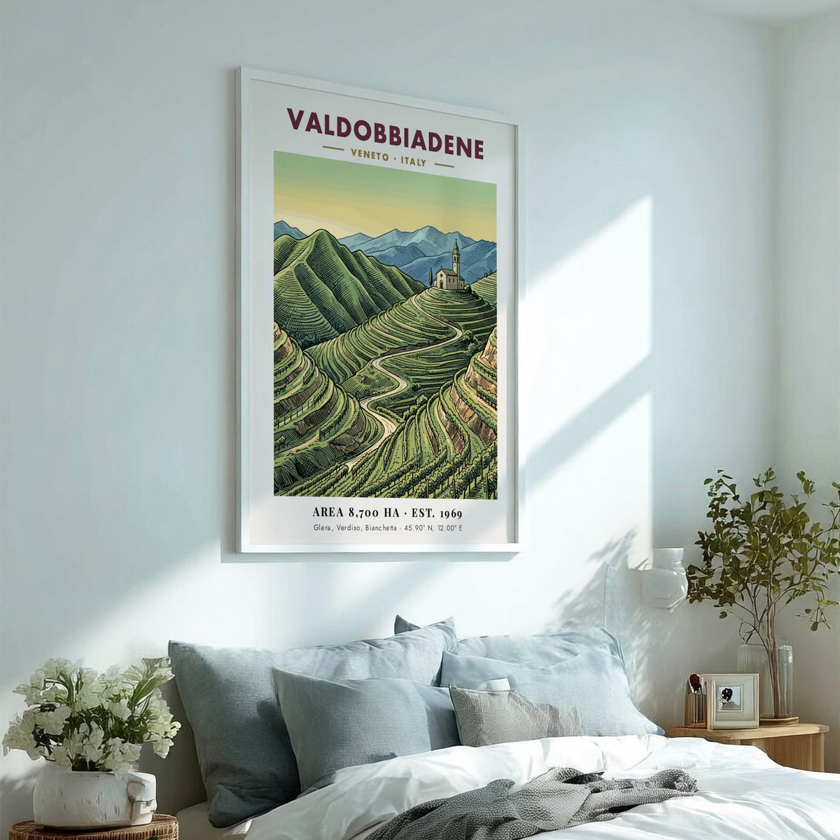 Poster of Valdobbiadene, Italy showing terraced vineyards and a hilltop church in soft colours.
