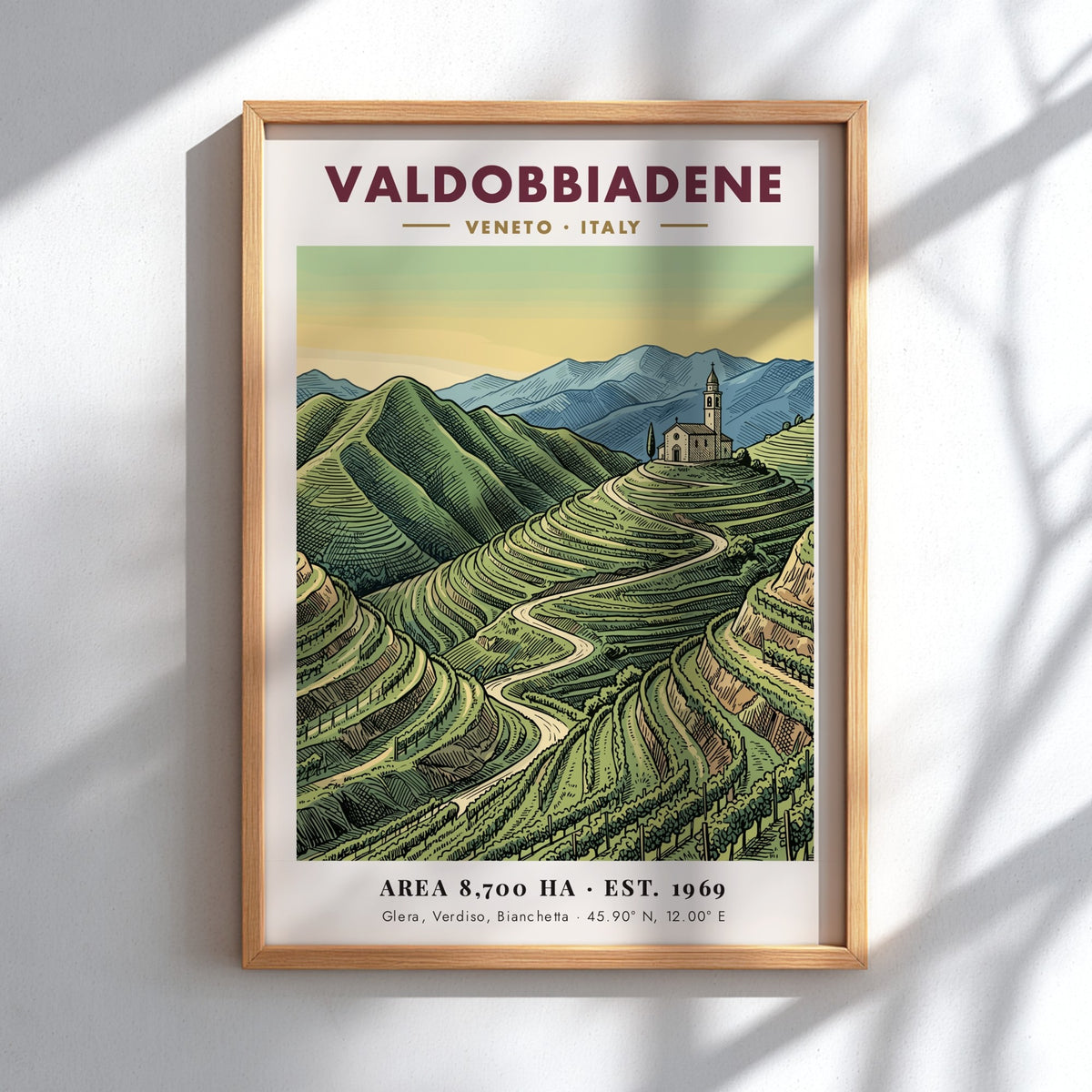 Poster of Valdobbiadene, Italy showing terraced vineyards and a hilltop church in soft colours.