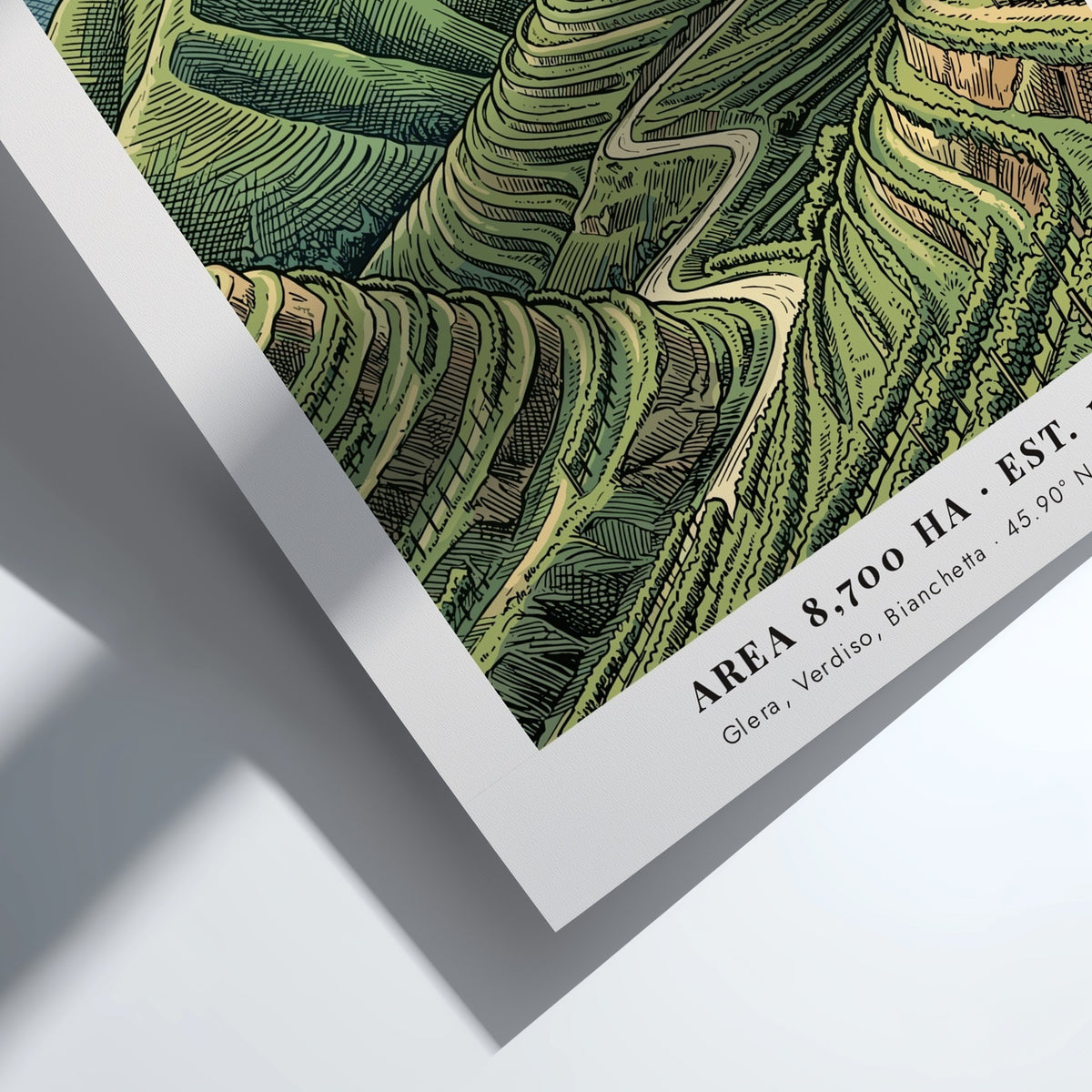 Poster of Valdobbiadene, Italy showing terraced vineyards and a hilltop church in soft colours.