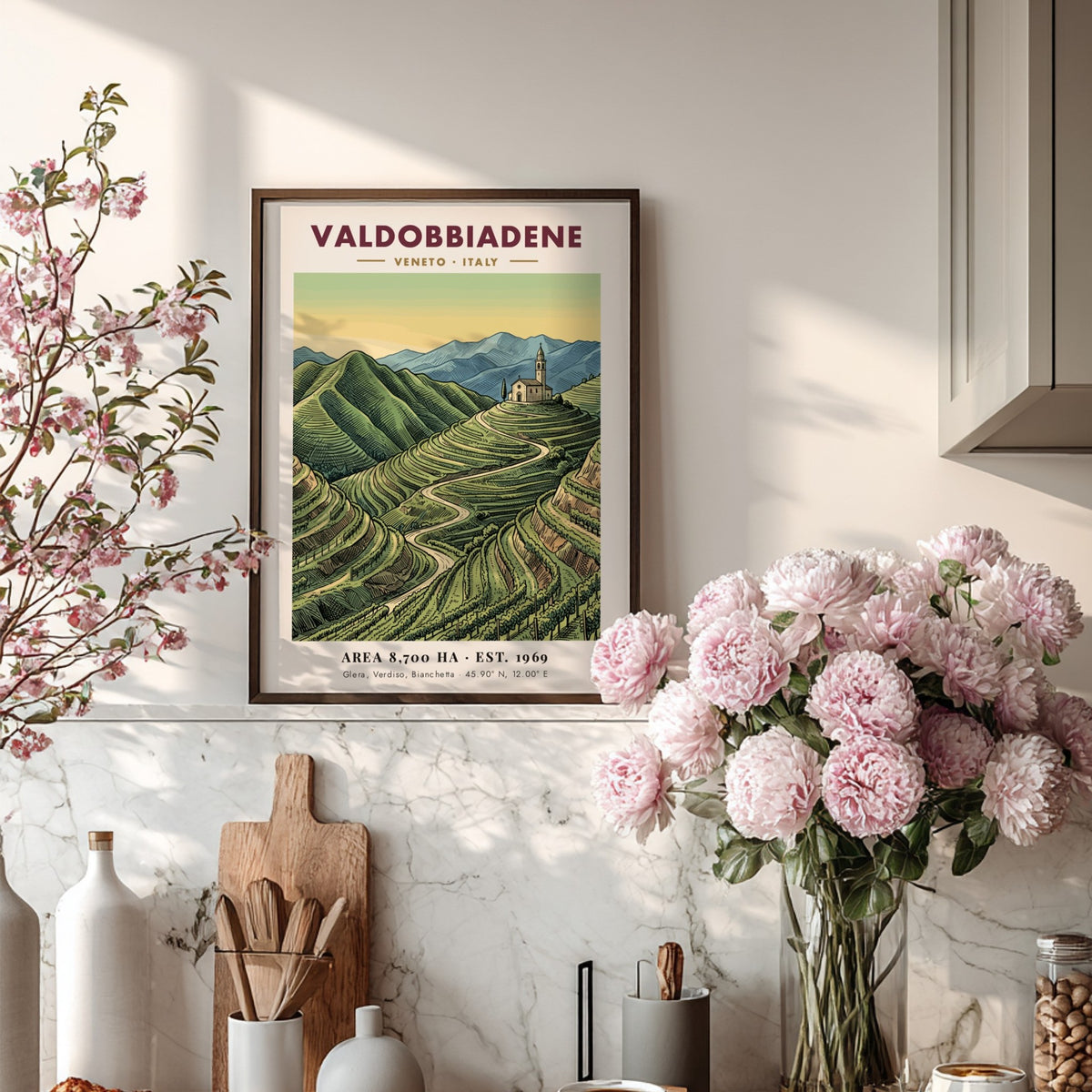 Poster of Valdobbiadene, Italy showing terraced vineyards and a hilltop church in soft colours.