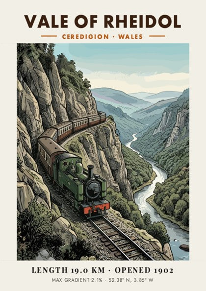 Vale of Rheidol steam train travels along a cliffside in this vintage railway poster.