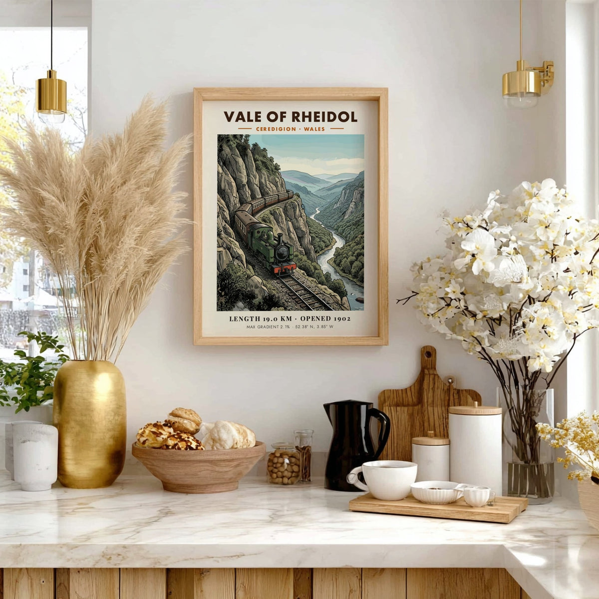 Vale of Rheidol steam train travels along a cliffside in this vintage railway poster.